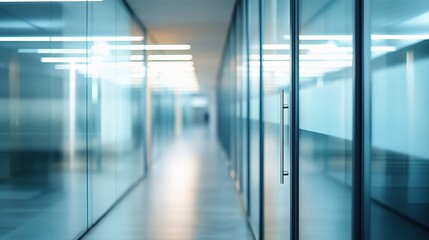 Poster - Blurred Abstract Modern Office Corridor with Glass Walls and Lights