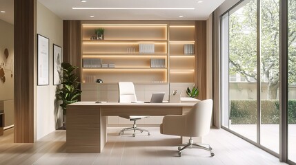 Poster - Bright Modern Office Corner with Natural Light and Wooden Furniture
