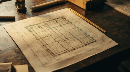 Poster - Detailed Architectural Blueprint on Desk with Tools and Papers