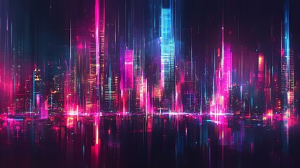 Poster - Futuristic cityscape at night with vibrant neon lights and digital streaks