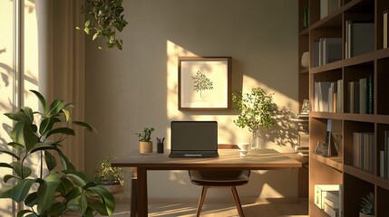 Poster - Cozy 3D Rendering of Home Office with Worktable and Natural Light