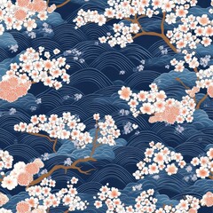 Poster - Elegant Japanese seamless pattern featuring traditional wave motifs and delicate cherry blossoms in soft muted indigo tones Generative AI