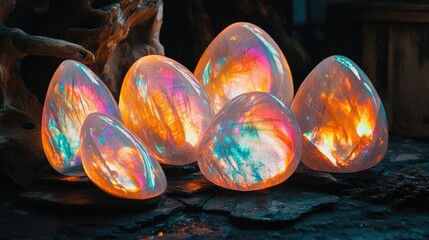 Poster - A collection of polished moonstones glowing with soft iridescence under studio lighting.