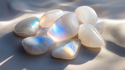 Poster - A collection of polished moonstones glowing with soft iridescence under studio lighting.