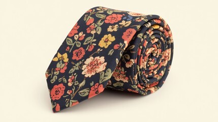 Poster - A floral-printed tie elegantly displayed on a minimalist, neutral-toned background.