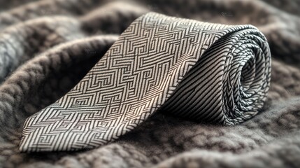 Poster - A geometric-patterned tie in monochrome resting against a textured grey surface.