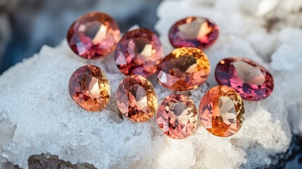 Poster - A high-end jewelry display featuring loose imperial topaz gemstones in fiery golden hues.