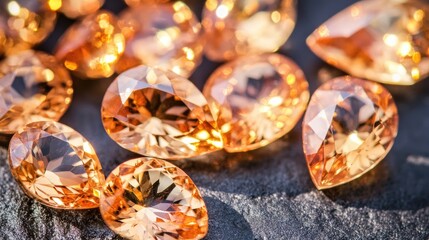 Poster - A high-end jewelry display featuring loose imperial topaz gemstones in fiery golden hues.
