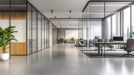 Poster - Modern minimalist office corridor with sleek glass partitions