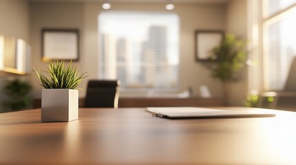 Poster - Blurred View of Personal Office Desk with Green Plant and Notebook