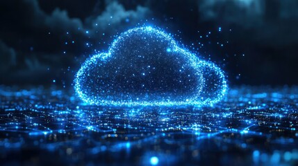 Fototapete - Glowing cloud symbol above a city at night, representing digital technology and data storage.