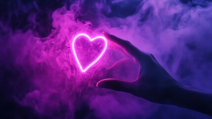 Fototapete - Glowing neon heart held by a hand in vibrant purple smoke.