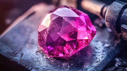 Poster - A partially faceted ruby on a gem-cutting machine, showing the transition from raw to polished.