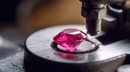 Poster - A partially faceted ruby on a gem-cutting machine, showing the transition from raw to polished.