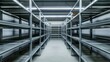 © Mey - A clean, organized industrial warehouse with tall metal shelves.