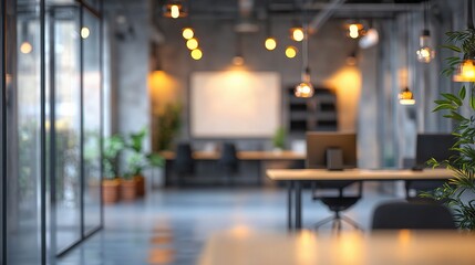 Poster - Blurred View of a Modern Comfortable Office Interior with Lights