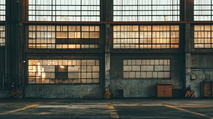 Aufkleber - Grungy industrial interior with large windows, showing a worn wall and empty floor space.