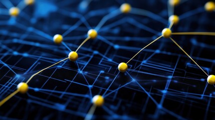 Fototapete - Abstract Network Connection: Golden Nodes and Blue Circuitry