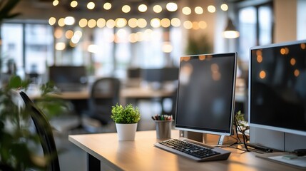 Poster - Modern Business Office Interior with Blurred Background and Lights