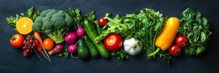 Aufkleber - Fresh organic vegetables beautifully arranged on a dark slate background showcasing farm-to-table aesthetics Generative AI