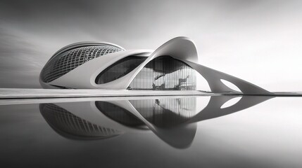 Poster - Modern Black and White Architecture with Reflective Water Surface