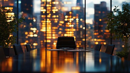 Poster - Evening Office Workspace with City Lights and Blurred Background