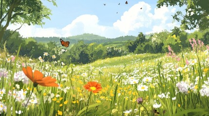 Aufkleber - Idyllic summer meadow with wildflowers, butterflies, and rolling hills under a partly cloudy sky.
