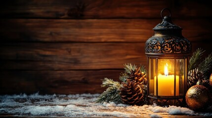 Poster - Illuminated candle lantern with pine cones, evergreen branches, and ornaments on snowy wooden background.