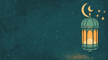 Poster - Illuminated lantern with crescent moon and stars on a night sky background.
