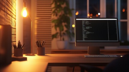 Poster - Modern Workspace with Blurred Background and Ambient Lighting