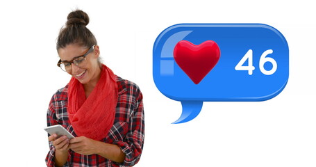 Poster - Smiling woman using smartphone with heart notification icon, enjoying social media
