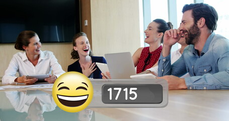 Poster - Business team laughing together in conference room, holding tablets and papers