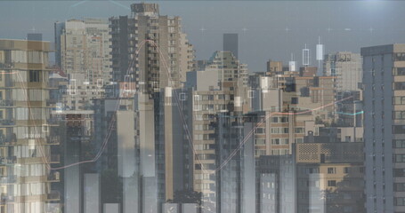 Poster - City skyline with digital graphs overlaying buildings, representing financial growth