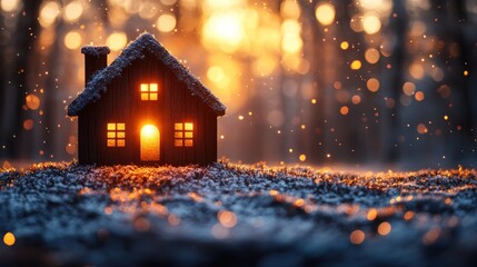 Poster - Illuminated wooden house model in snowy winter scene at sunset.