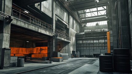 Aufkleber - Industrial interior; grunge warehouse with rusty metal structures, concrete floors, and orange blocks.
