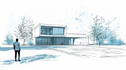 Poster - Detailed Single Line Architectural Sketch of Modern Building Design