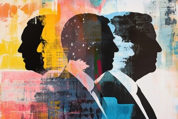 Poster - Modern artistic collage of world leaders silhouettes with abstract patterns and a vibrant political color palette Generative AI
