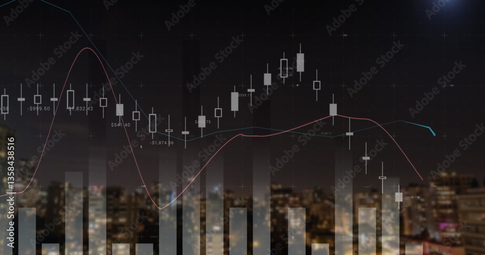 Financial chart with candlestick graph overlaying city skyline at night ...