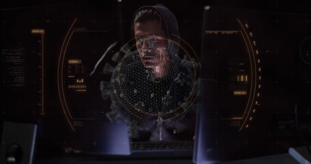 Poster - Hacker in hoodie analyzing data on multiple screens in dark room