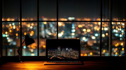 Poster - Laptop on Wooden Desk with Blurred Cityscape Background at Night