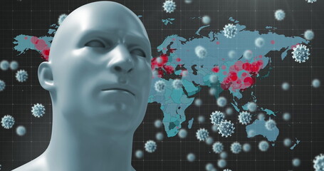 Poster - Digital representation of global virus spread with human figure and world map