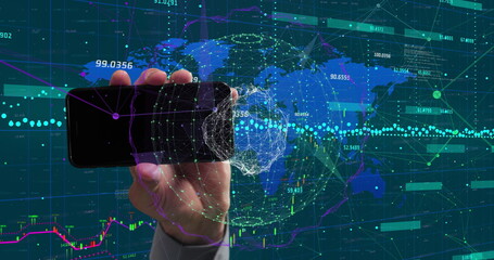 Poster - Hand holding smartphone with digital world map and data analytics overlay