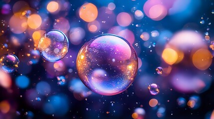 Poster - Magical soap bubbles floating in dark space with colorful bokeh lights creating dreamy atmosphere. Purple and orange glowing orbs against blue background.