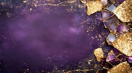 Poster - Luxurious purple and gold abstract background with shattered glass pieces and glitter sparkles creating elegant corner border composition on dark surface.