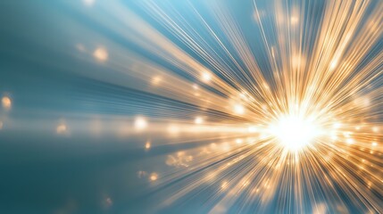 Poster - Radiant light burst with glowing rays spreading across turquoise background, creating dynamic motion effect with lens flares and luminous particles.