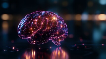 Poster - Glowing purple brain hologram with neural connections floating over reflective surface amid sparkles and bokeh lights. Digital visualization of artificial intelligence.