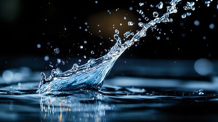 Poster - Dynamic water splash with droplets frozen in motion against dark background, creating dramatic liquid sculpture effect with crystal clear details and blue tones.