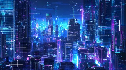 Poster - Futuristic cityscape at night.  Networked, glowing skyscrapers connect with vibrant digital lines