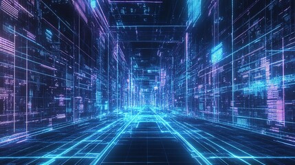 Poster - Abstract 3D Wireframe City Perspective Background in Digital Format