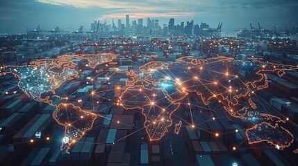 Poster - Intricate global value network chains connecting manufacturers, suppliers, and distributors across borders - conceptual illustration of international trade and supply chains, 32 high Resolution